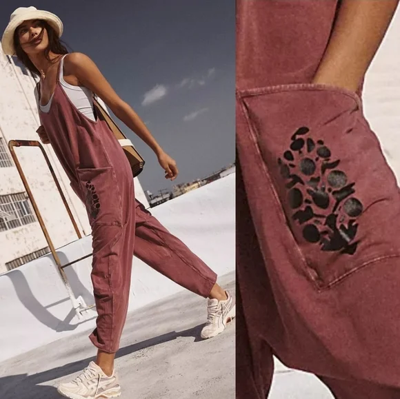 New Free People FP Movement Hot Shot Logo Onesie Mocha Combo Overalls Jumpsuit L - Picture 2 of 16